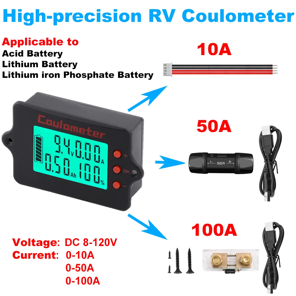 

10V 50A 100A Coulomb Meter Vehicle Battery Capacity Tester Battery Coulometer for E-bike/Balance Car/Cleaning Machine DC 8~120V