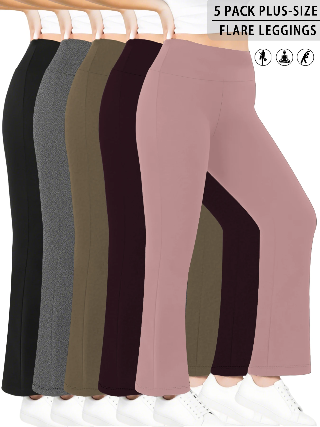 

5 Pack Plus Size Women's Super Soft High Waisted Flare Pants, Leggings Tummy Control Soft Bootleg Bell Bottoms Running