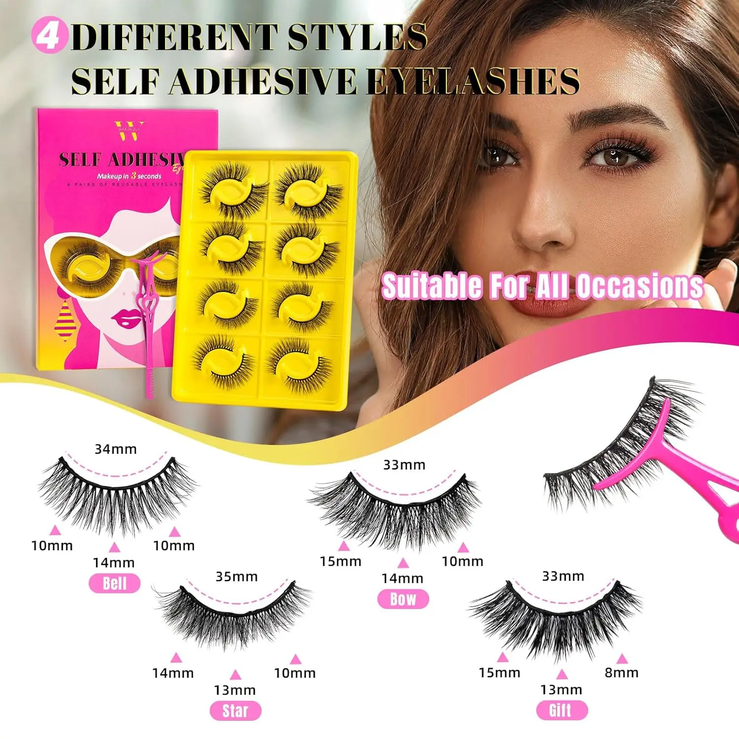 Amzgirl Lash 8 Pairs Self Adhesive Eyelashes Lash Clusters Reusable Adhesive Eyelashes No Glue Needed D Curl Mix8-18mm Kit