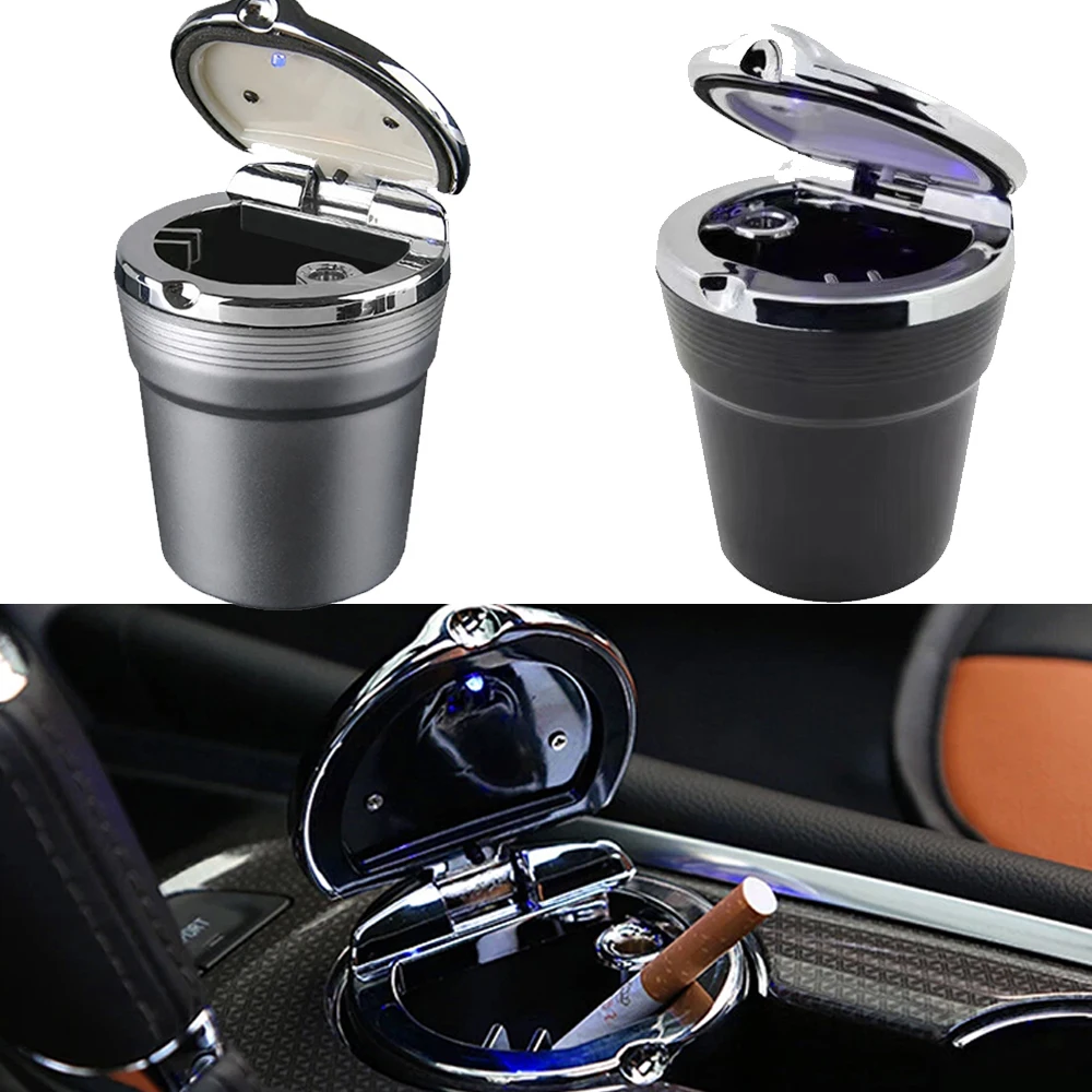 

Универсальная автомобильная пепельница со встроенным синим светодиодным освещением, черная, серебряная чашка, бездымная пепельница, огнестойкий коробка для мундштука