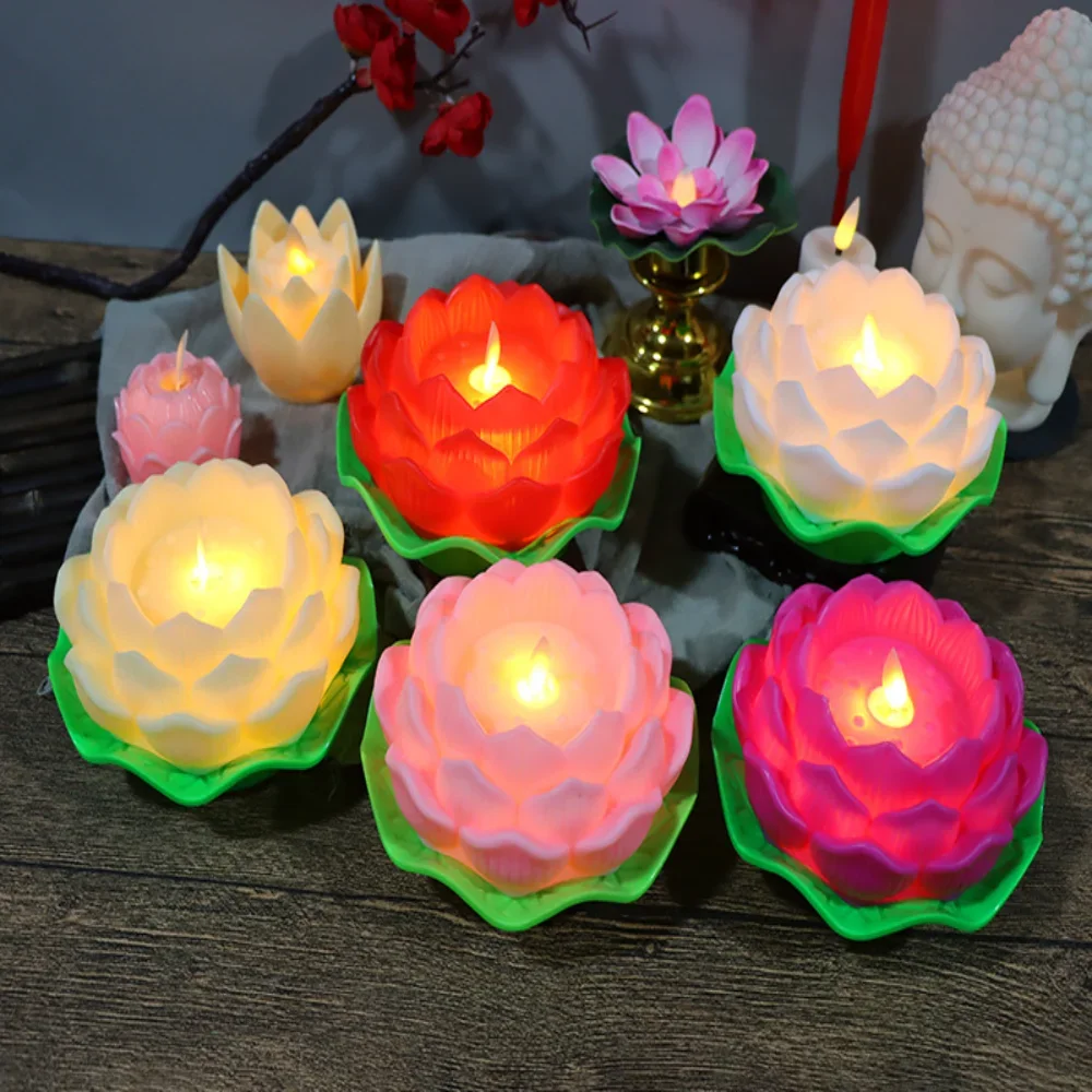 Flickering Flame LED Lotus Flowers Lamp Battery Operated Creative Simulation Lotus Night Light for Buddha Home Romantic Decor