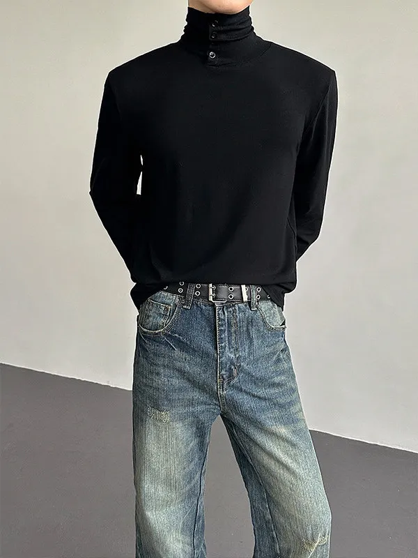 

Italian Sle High-End Slim Fit Long Sve T-irt Men's Knitted Base irt Button High Collar Versatile Breathable Cotton Top