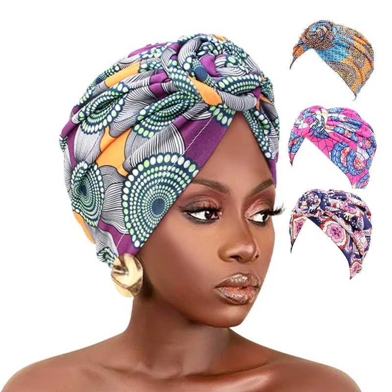 

New Women African Print Pleated Turban Knotted Headwraps Elastic Head Scarf Floral Beanie Chemo Cap Bandana Headwear Hair Covers