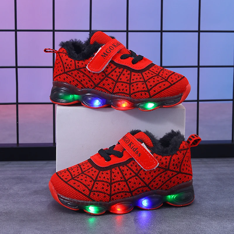Mgo Kidss Winter Fleece-Lined Children's Light-Up Shoes, Sizes 21-36, Kids' Glowing Shoes, Boys' and Girls' Running Shoes, Baby Flashing Sneakers, Led Light-Up Sports Shoes with Mesh Spider Web Design, Suitable for Chi