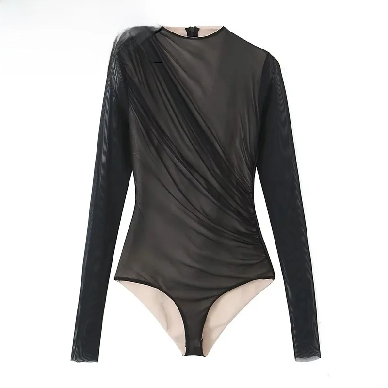 

ZBZA New Women's Fitted One-Piece Suit with Pleated Decoration Silk Net Street Sle mid Waist ort Pants Polyester