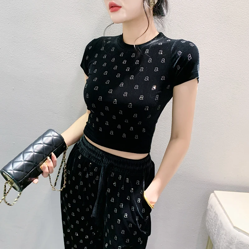 Black Summer Clothes Velvet T-Shirt Fashion Sexy Shiny Diamonds Letter Women Tops Short Sleeve Tees Bell-bottoms 2024 New 43135