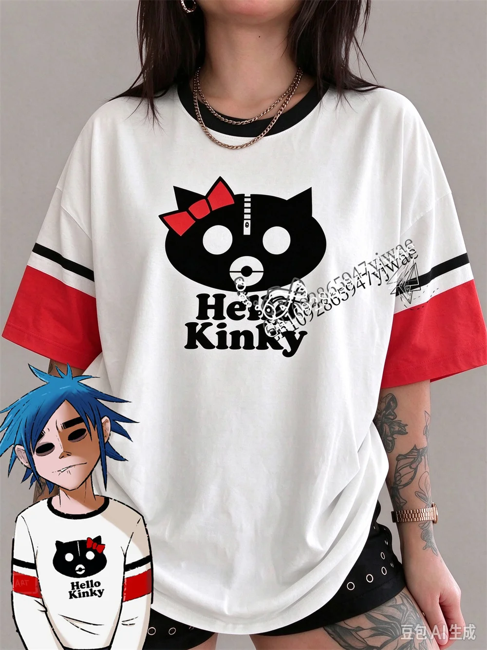 Hallo Kinky Gorillaz-2D T-Shirt, kurzärmeliges, lässiges Streetwear-Oberteil mit Grafikdruck, Fan-Geschenk, Sommer-T-Shirt für Herren und Damen – Detail 3