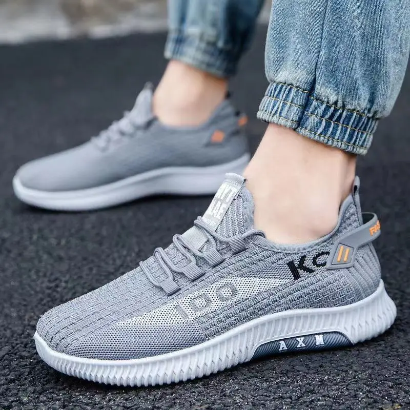 2023Summer Mens Lace Up Running Shoes Casual Flats Sneaker Shoe Male Lightweight Knitting Breathable Soft Bottom Anti-slip Shoes