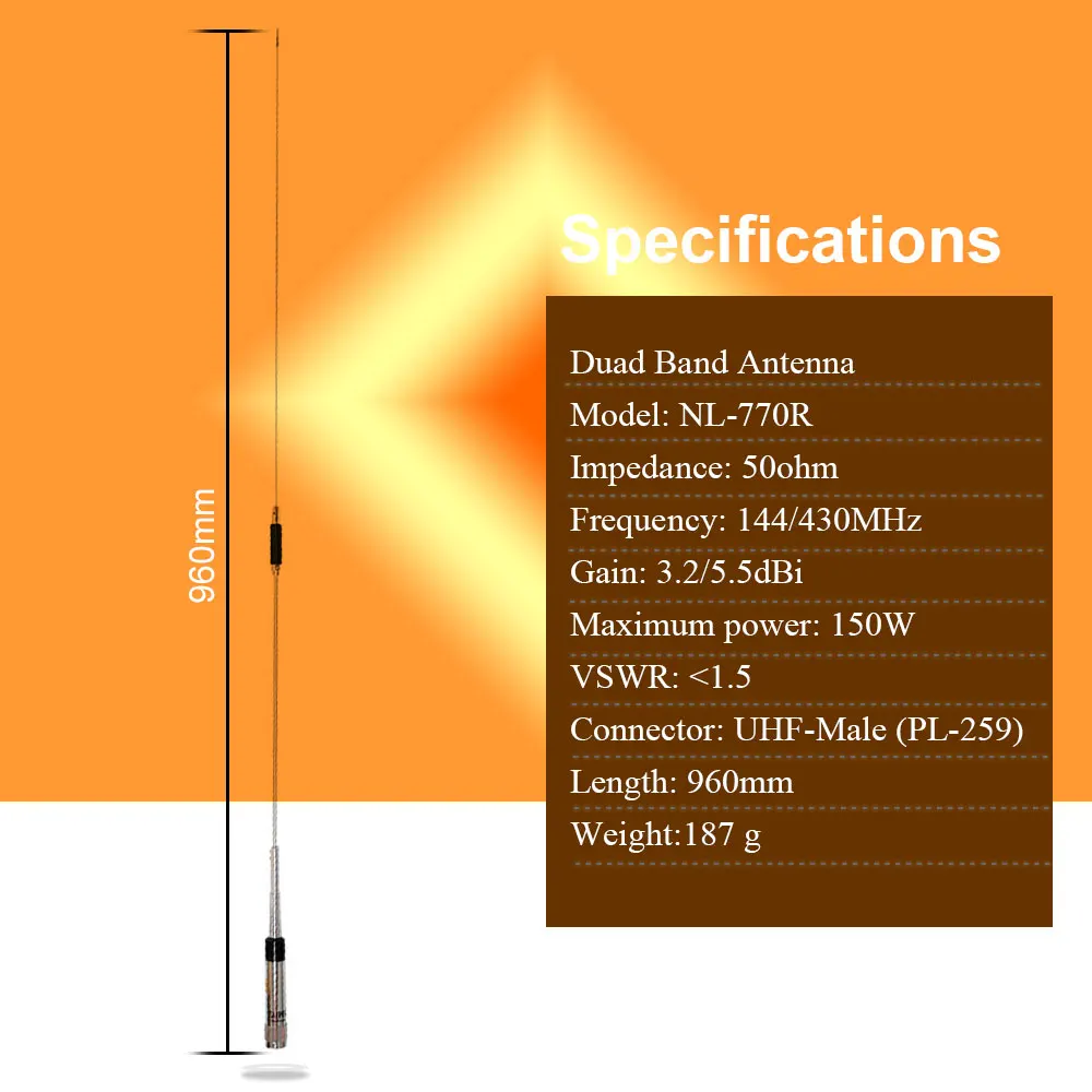 Antena Nagoya NL-770R 144/430MHz 3.0/5.5 DBi o wysokim wzmocnieniu, przeznaczona do radiotelefonów samochodowych FT-8800R i FT-2800M. — zdjęcie produktu 6