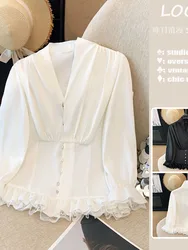 French Style Luxury V-Neck Shirts Women Elegant Single Breasted Sexy Lace Tops Autumn 2024 Fashion Long Sleeve Chiffon Blouses