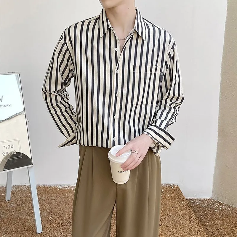 High-end Thin Striped Shirt Loose Spring and Summer Drape Korean Style Casual Contrasting Color Long-sleeved Men's Shirt Trendy