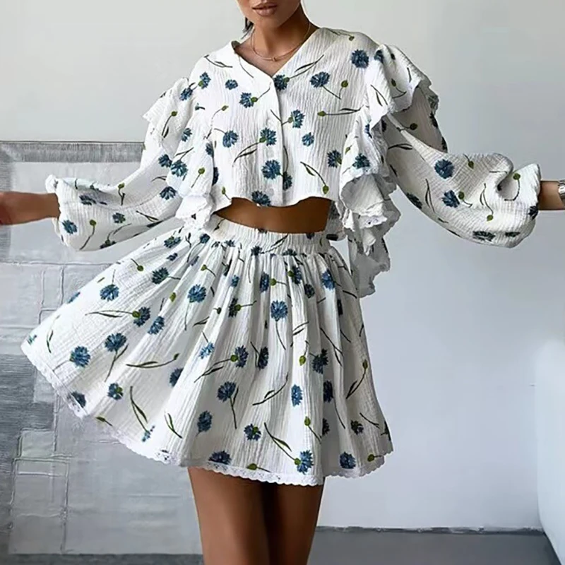 Spring Fashion Heart Print Two Piece Set Elegant V Neck Button Ruffle Top & Skirts Women's Suit Autumn Long Sleeve Casual Outfit