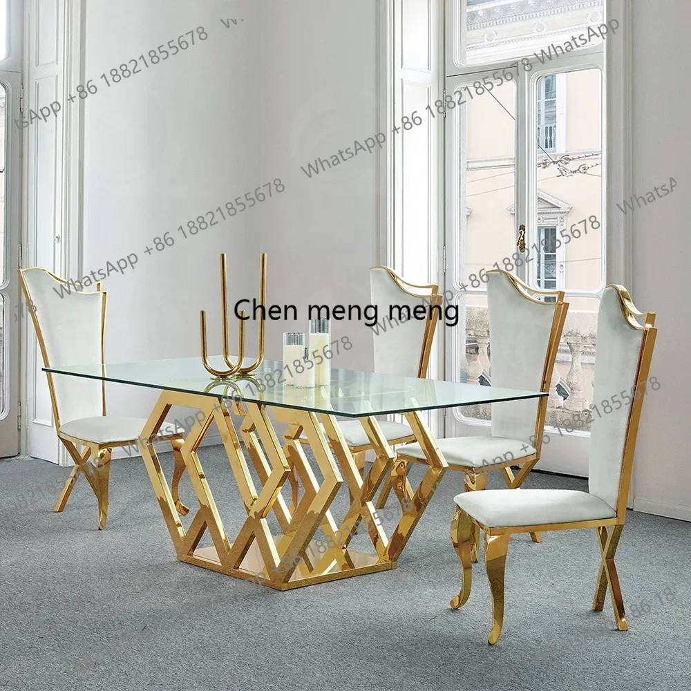 

Golden stainless steel base tempered glass top modern luxury dining furniture with 8 seater dining room table