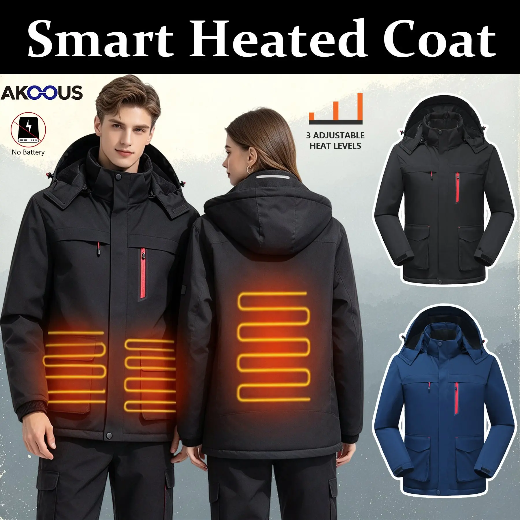 AKOOUS Heated Jacket for Men Women 3 Heating Zones 3 Temperature Control Detachable Hood Electric Heating Coat Machine Washable