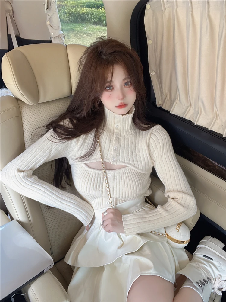 Knitted Sweater Woman Casual Long Sleeve Crop Tops Pure Color Elegant Pullover Korean Fashion Clothing Design 2022 Autumn Slim