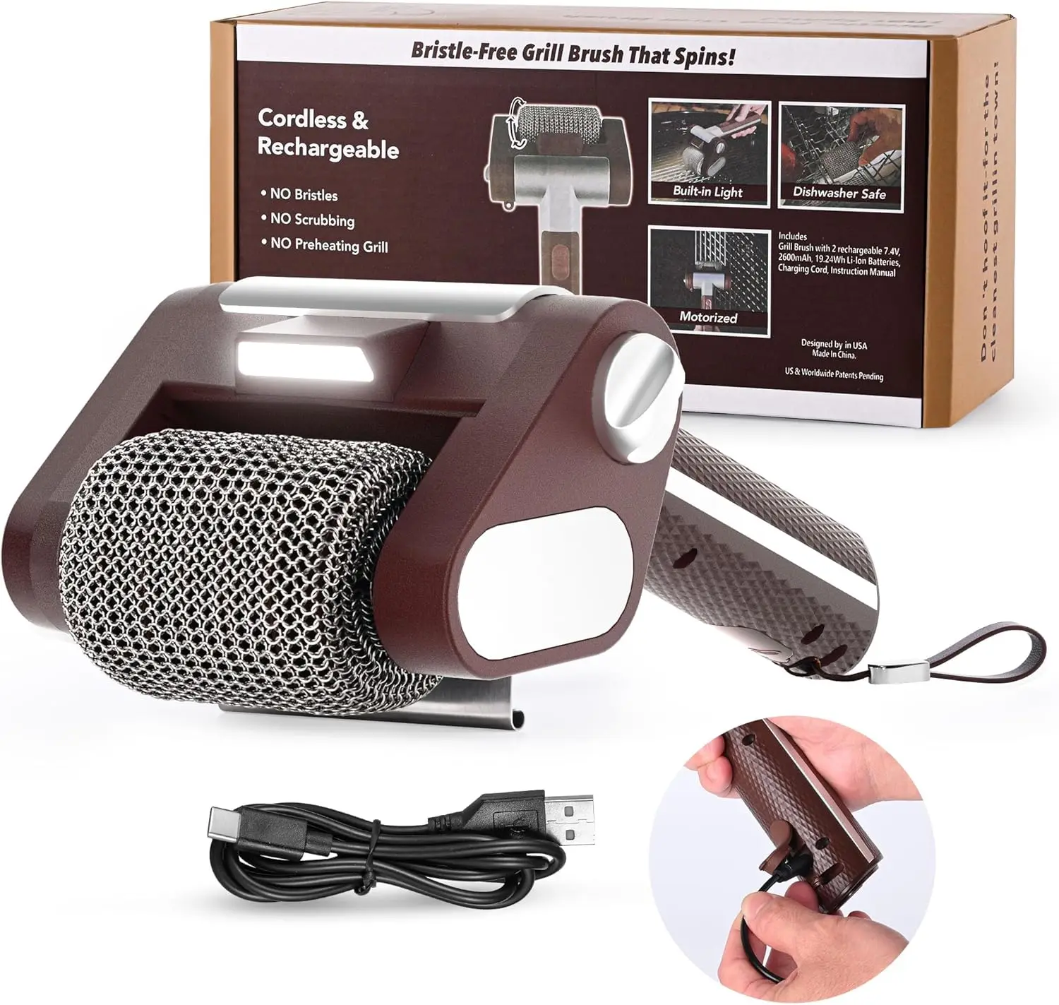 

Electric Grill Cleaner Bristle-Free, Rechargeable BBQ Brush with 350 RPM Stainless Roller & LED Light, Dishwasher-Safe for Gas/C