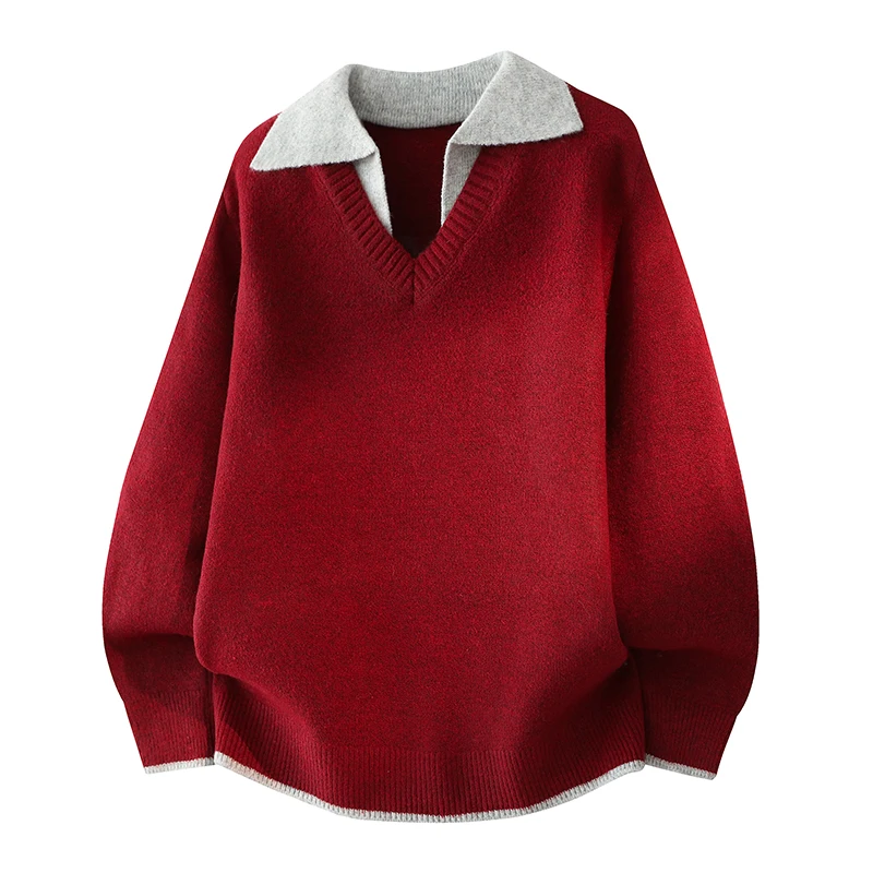 

Красный повседневный свободный вязаный свитер с эффектом двухслойности из полиэстера, зимний модный мужской свитшот с длинным рукавом и круглым вырезом