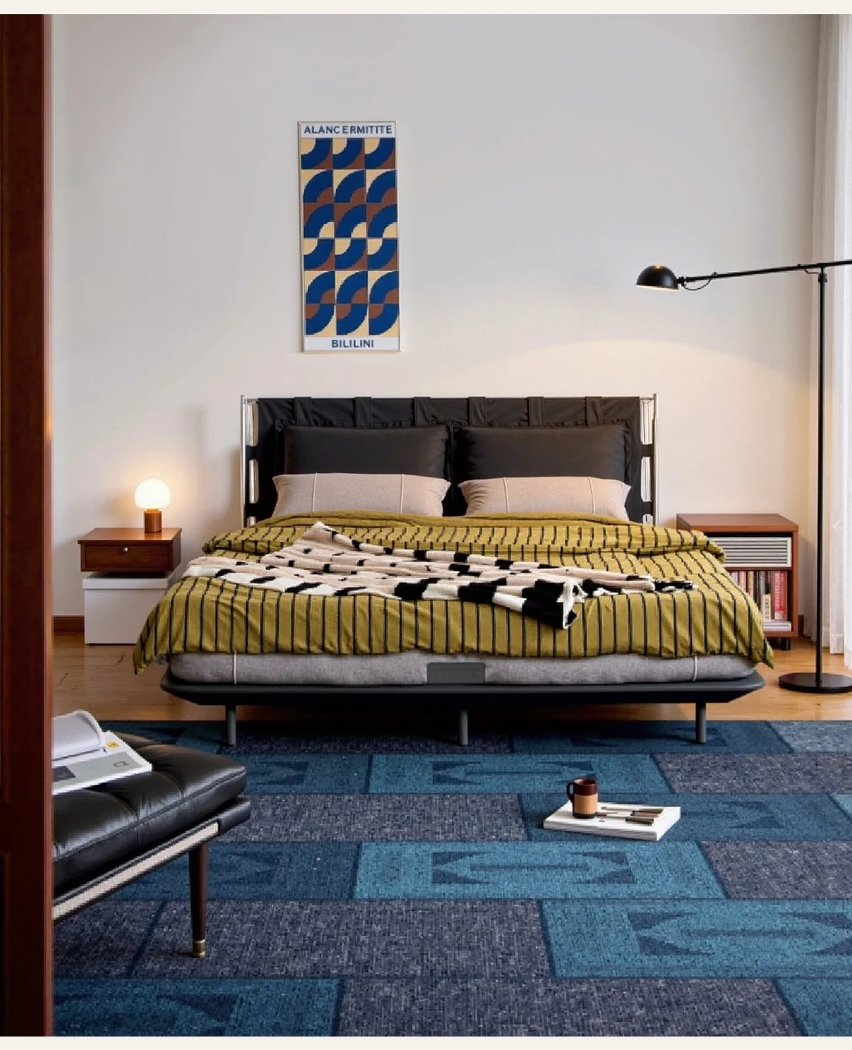 LTT steel frame bed Bauhaus retro style first layer cowhide modern light luxury wedding bed