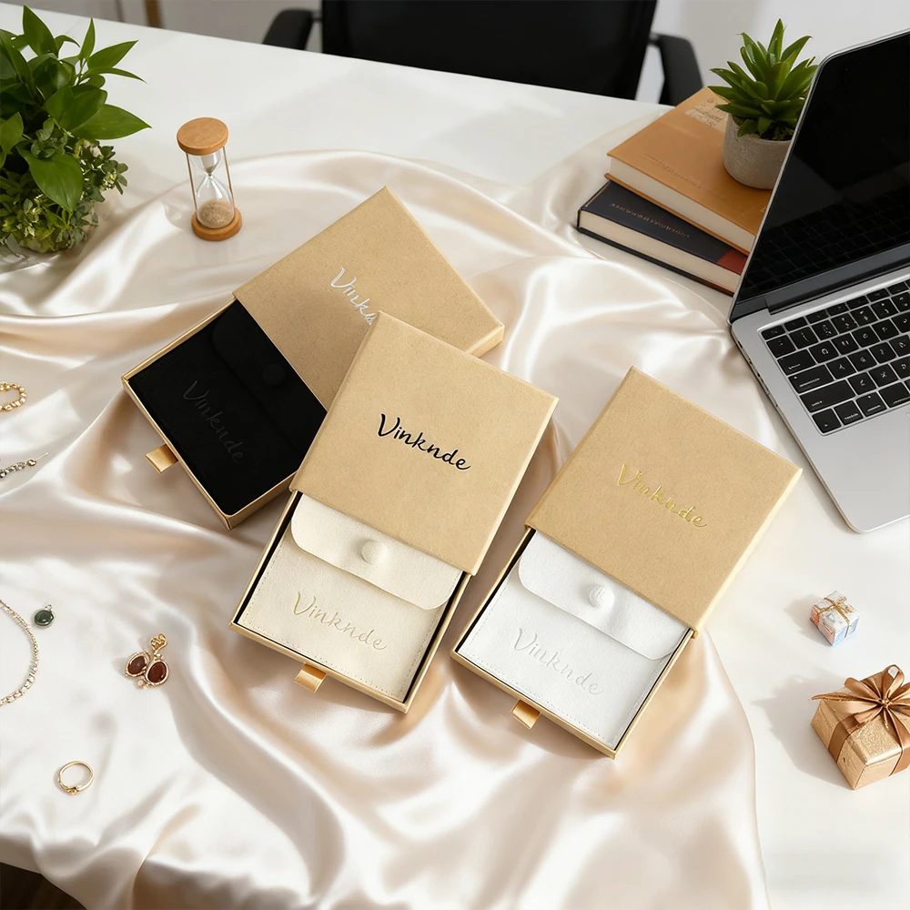 

Custom Logo Snap Suede Jewelry Packaging Necklace Earring Pouch with Paper Drawer Box Microfiber Jewellry Gift Bag Bracelet Case