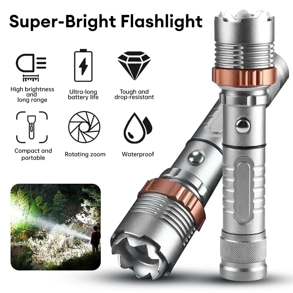 Powerful LED Flashlight Rechargeable Zoomable Emergency Torch Long Range Spotlight Tactical Flashlight Waterproof Camping Lamp