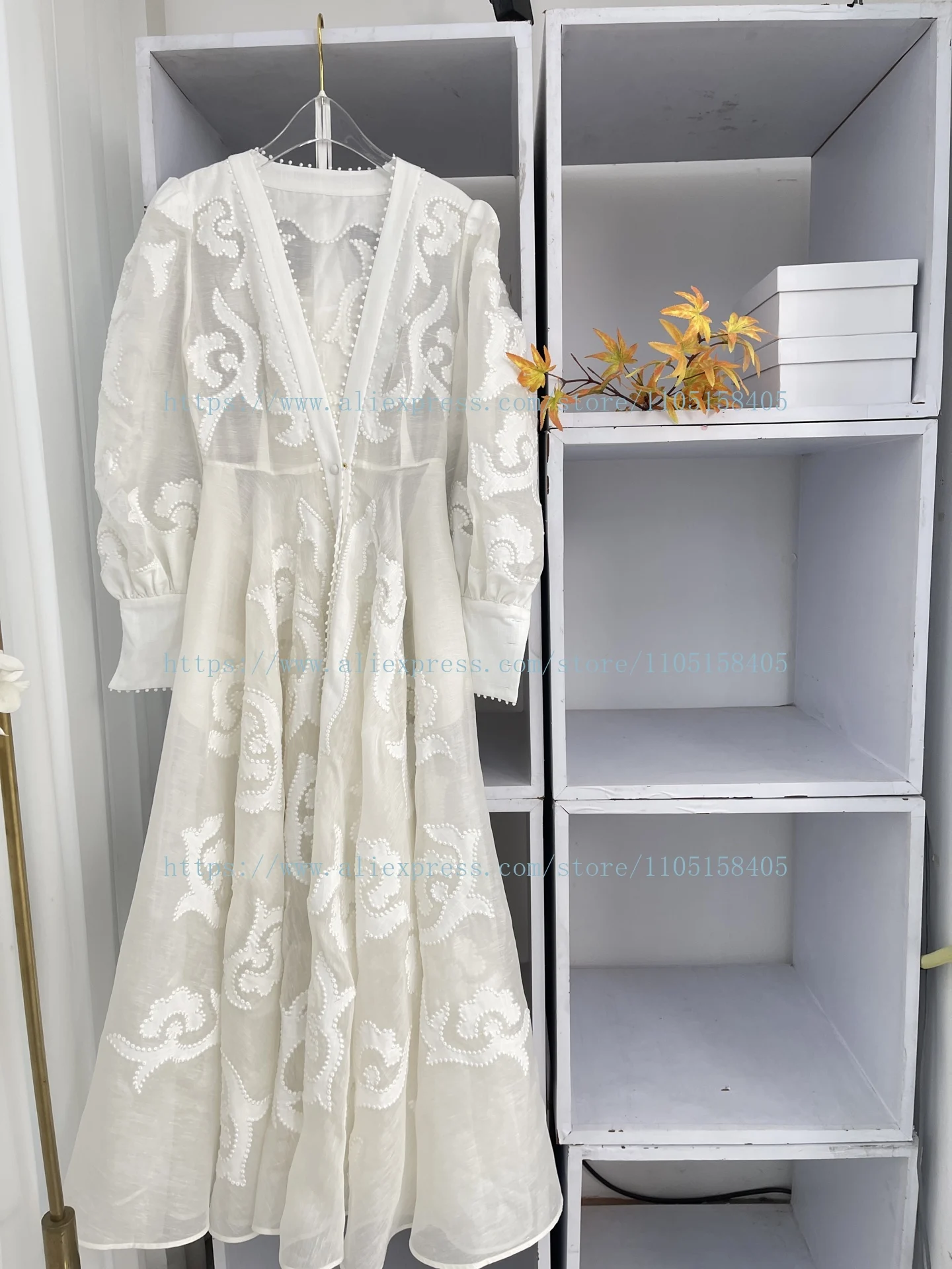 

2025 Elegant White Embroidery Floral Long Sleeve Deep V Neck Midi Women's Dress