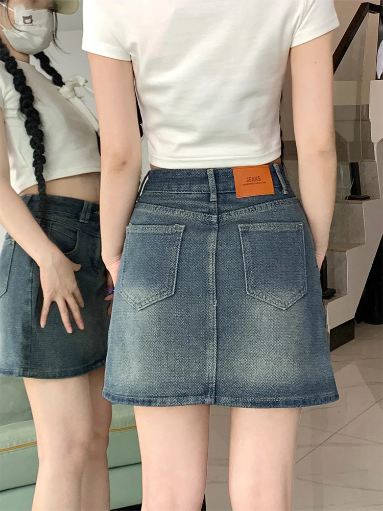 

Ретро джинсовая юбка с высокой талией, женская, летняя 2024, облегающая, утягивающая, больших размеров, с защитой от просвечивания, А-силуэт, короткая юбка-шорты