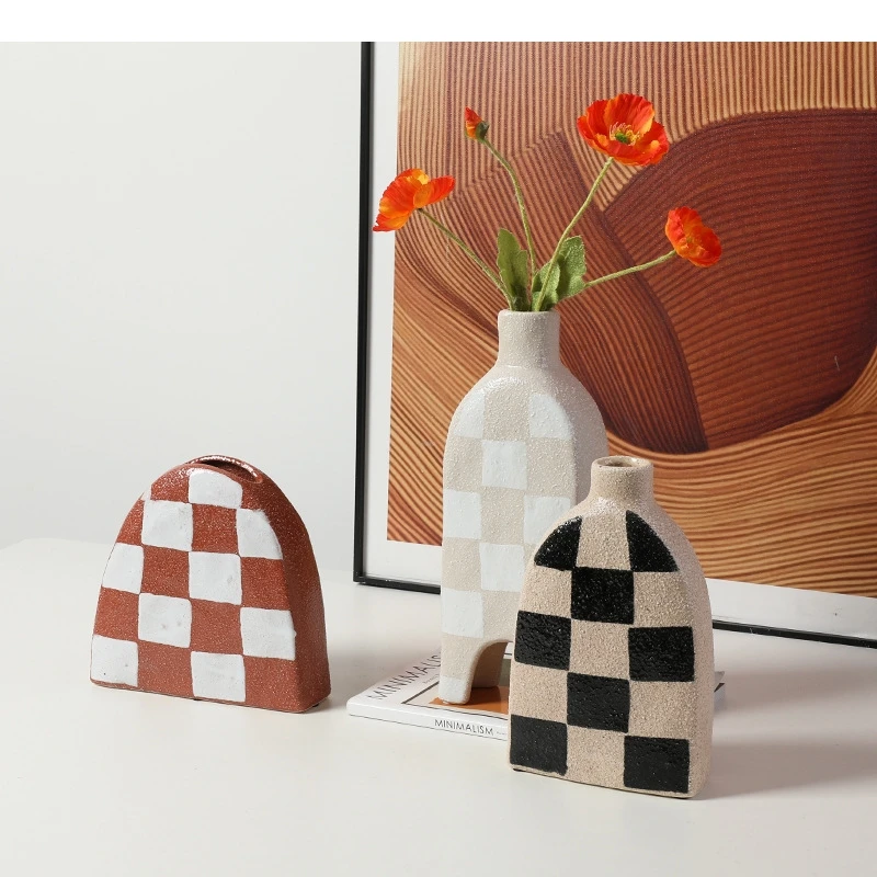 

Frosted Ceramic Vase Geometric Check Pattern Flower Vase Flower Arrangement Accessories Coarse Pottery Pot Home Decoration