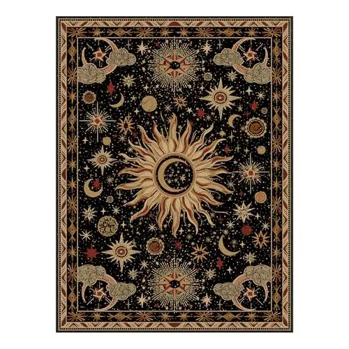 3x5 Area Rugs Washable Vacuum-Friendly Non-Slip Rug Vintage Boho Gothic Sun Moon Printed Pattern Low Pile Carpet for Living Room