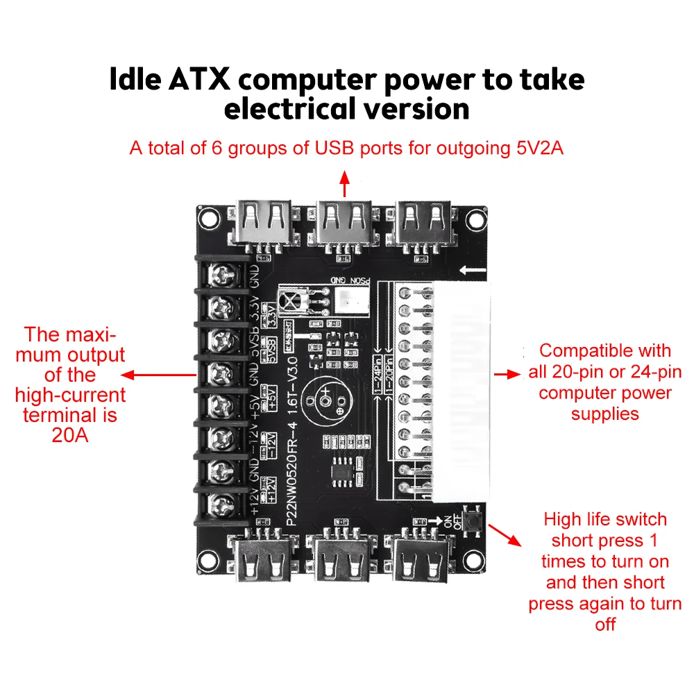 24 pinów zasilacz tabliczka zaciskowa zestawów akrylowa skrzynka USB do ładowania komputera płytka przyłączeniowa moduł zasilania 12V -12V 5V 5VSB