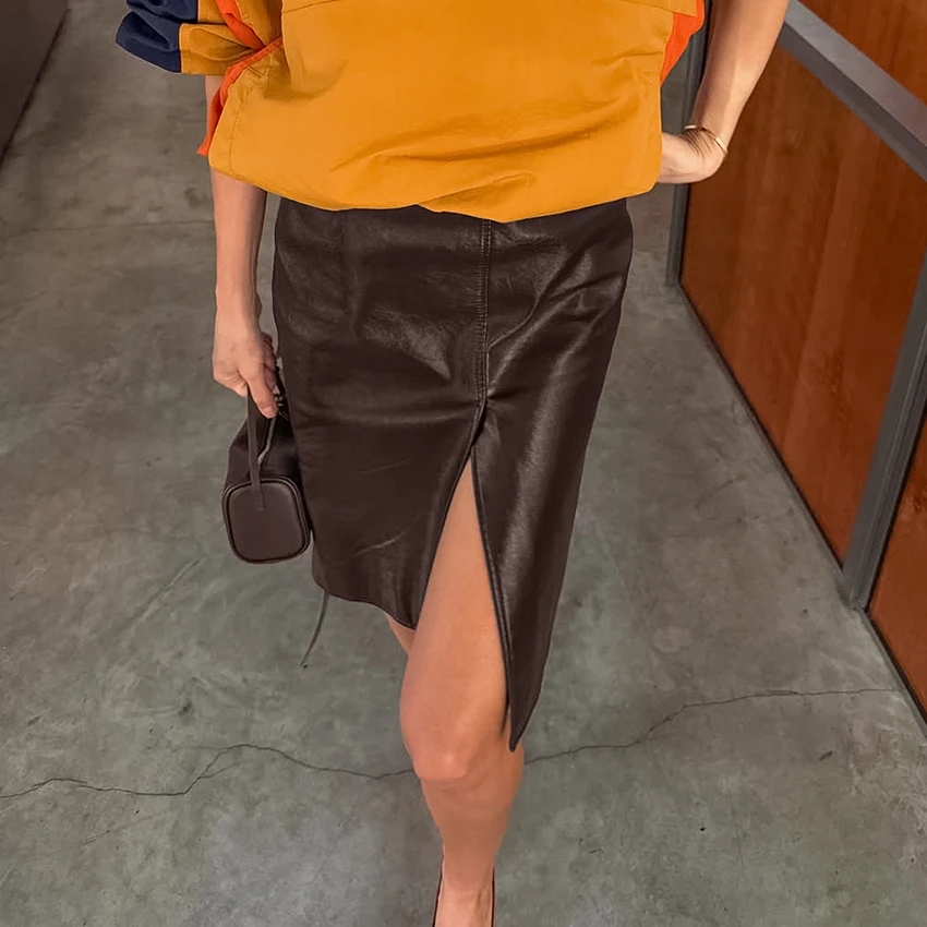 Linad Street Chic Brown PU Split Skirts Women 2026 Fashion Slim High Waist Straight Skirts Casual Knee Length Skirt Female Fall