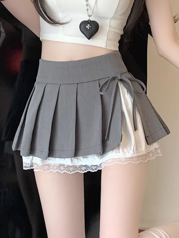 Spódnica w kształcie litery A z wysokim stanem, koronkowymi wstawkami i wiązaniem dla kobiet, nowość na lato 2025, styl koreański, elegancka, do pracy.