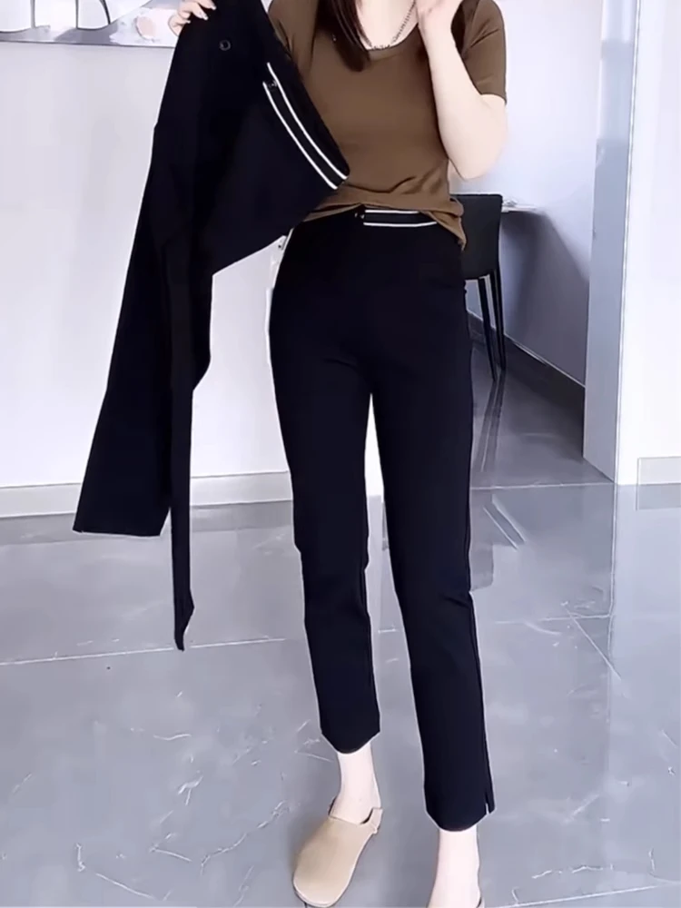 High Waist Slim Fit Black Smoking Pants Women's New Style Spring Pencil Pants Large Size Elastic Nine Points Cuffed Pants