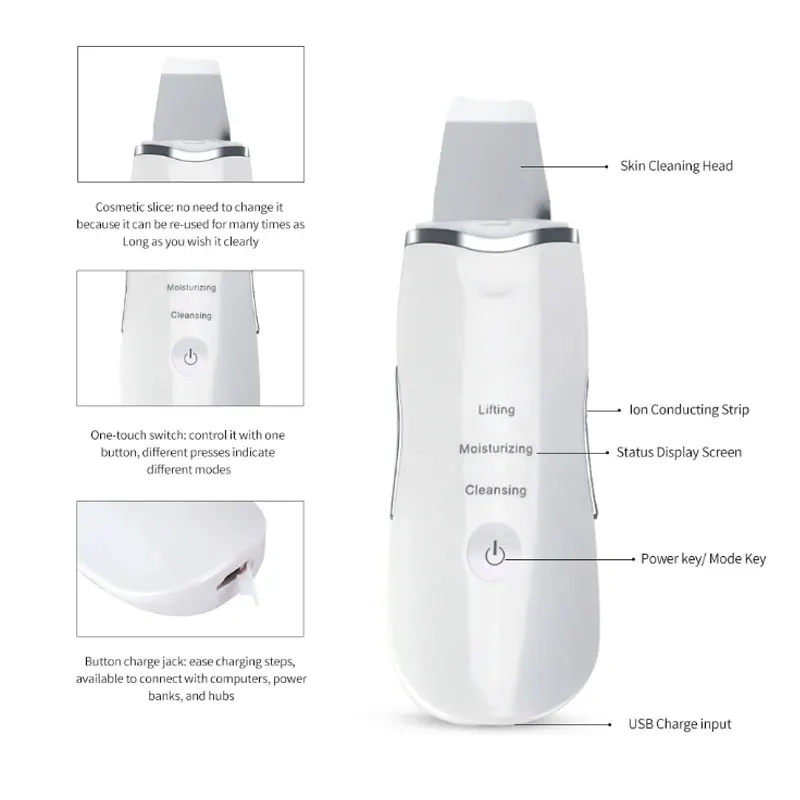 Ultrasonic Face Cleaning Skin Scrubber Facial Cleaner Skin Peeling Blackhead Removal Pore Cleaner Face Scrubber