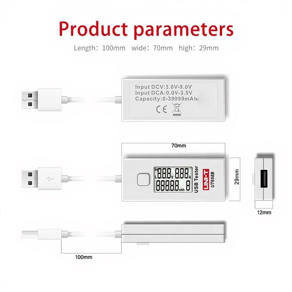 UT658B USB Power Meter 3V-9V 0-3A, ABS LCD Backlight, 1% Accuracy, Battery Capacity Tester, 10-Group Data Memory Charger Monitor