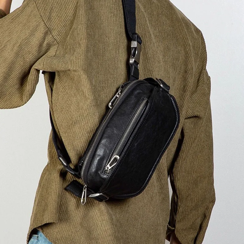 

AETOO Casual top layer vegetable-tanned cowhide chest bag, genuine leather waist bag, sports chest crossbody bag, men's and wome