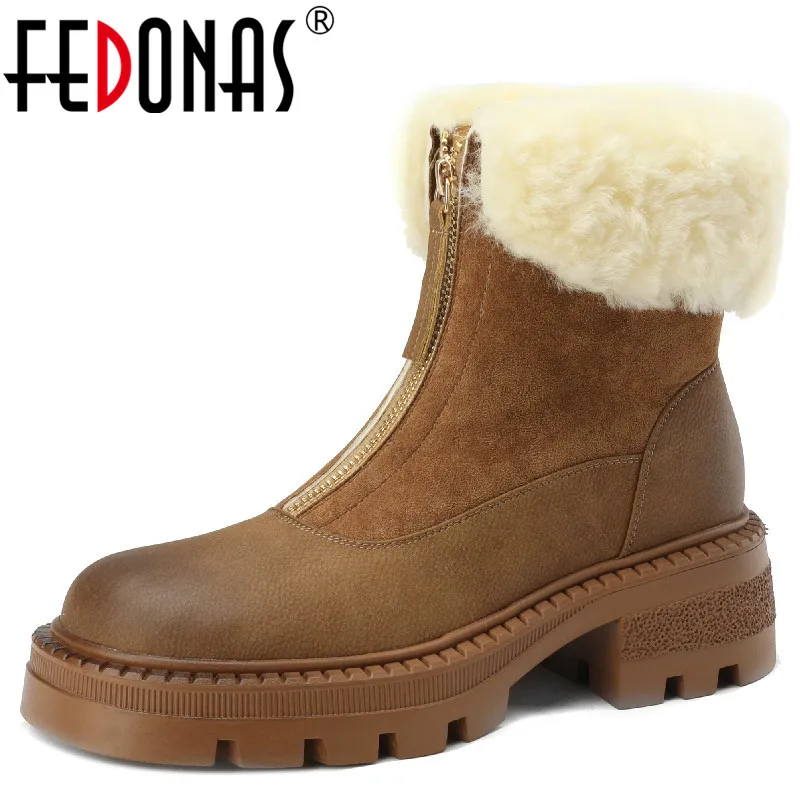 

FEDONAS 2023 Women Snow Ankle Boots Front Zipper Winter Warm Thick Plush Leisure Working Genuine Leather Thick Heels Shoes Woman