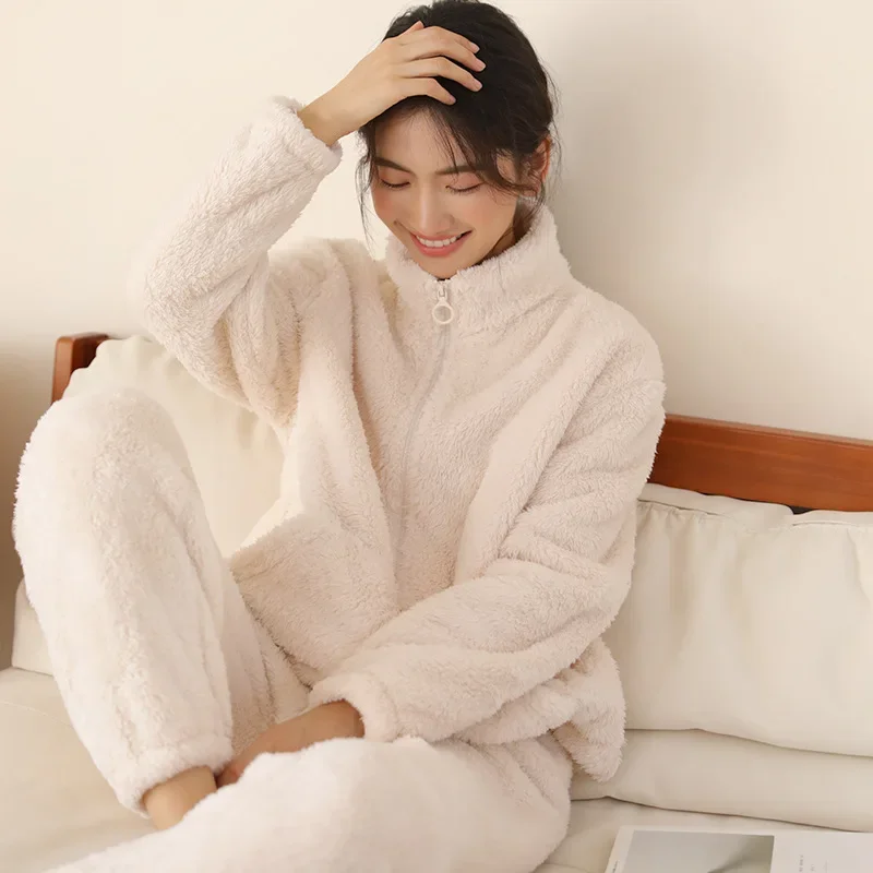 Winter Warm Coral Fleece Women Pajamas Set Thickened Flannel Long Sleeve High Collar Trouser Pijamas Suit Loose Flannel Homewear