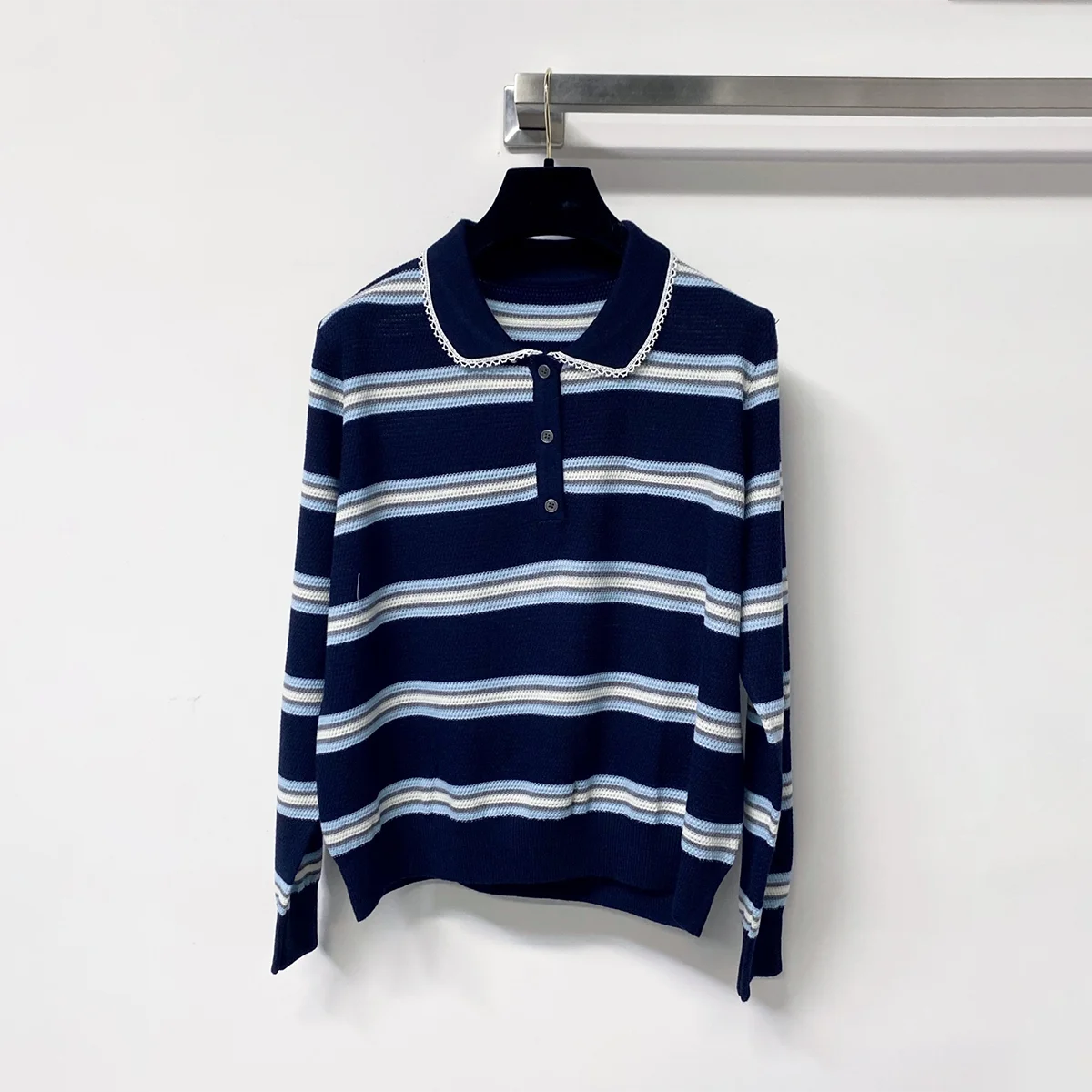 2026 High Quality Women's Early Autumn College Style Collar Striped Knitted T-shirt--26822101
