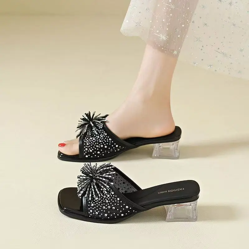 

Women Block Heel Mesh Rhinestone One Word Slippers Summer New Fashionable Soft Sole Outdoor Match The Skirts Slippers Sandals