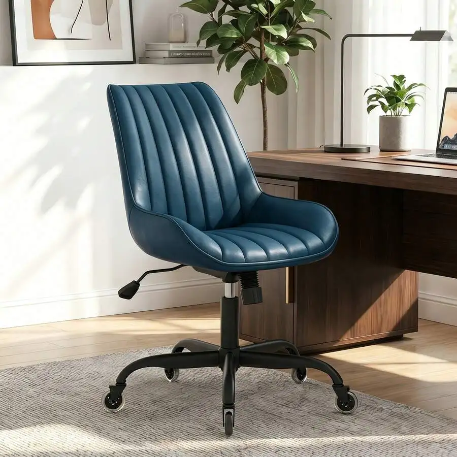 Armless Office Chair, Mid Back Modern Desk Chair With Rubber Wheels, 360 Swivel PU Leather Office Chair No Arms, Adjustable Heig