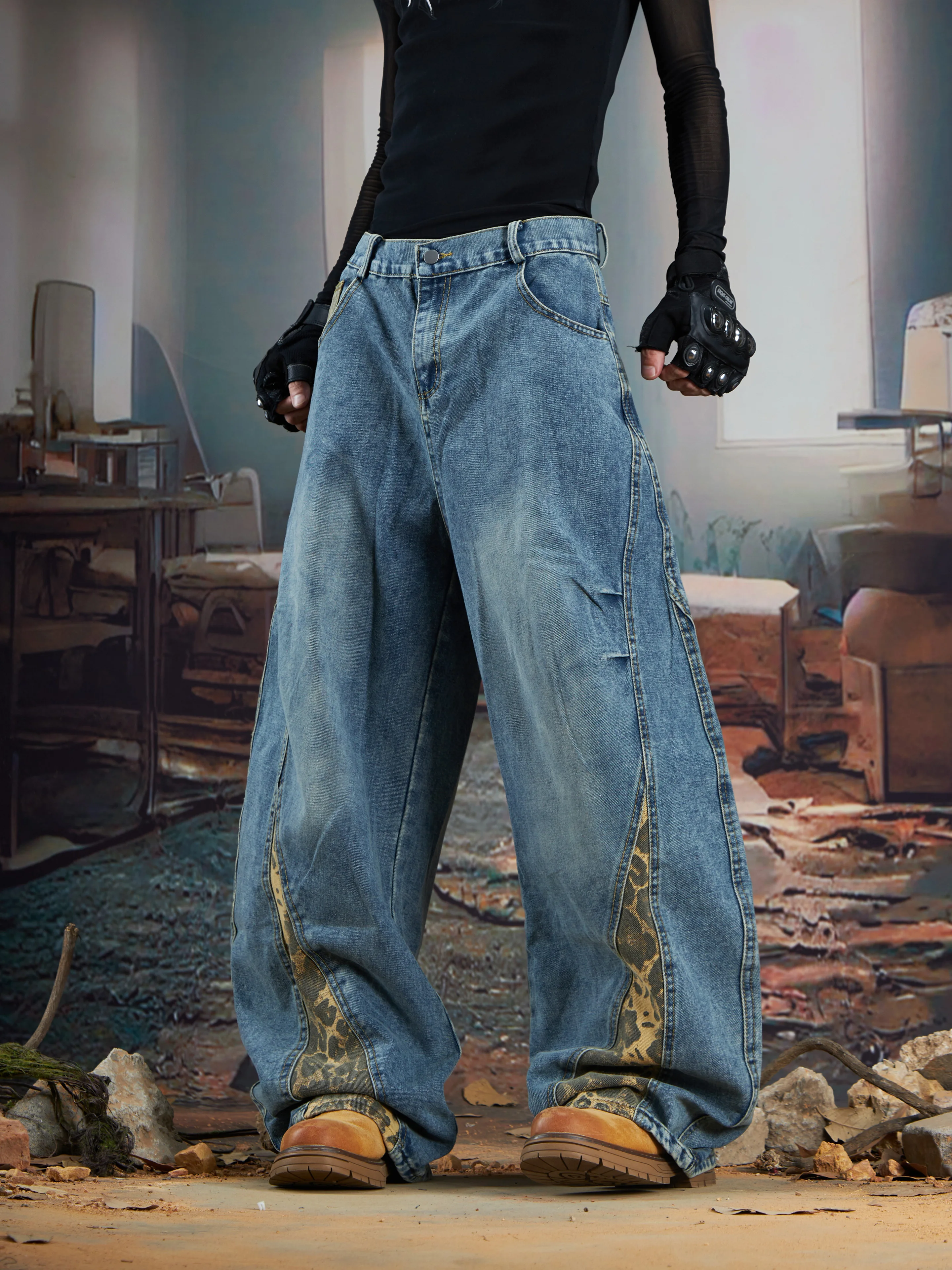 Design Deconstruction Stitching Leopard Print Washed and Worn Wide Leg Matchet Pants Jeans Trousers Men's Women's Fashion