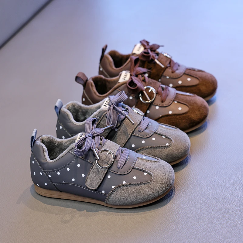 Winter Kids Vintage Sports Shoes Outdoor Fashion Polka Dot Girls Warm Cotton Shoes Running School Non-slip Children's Sneakers
