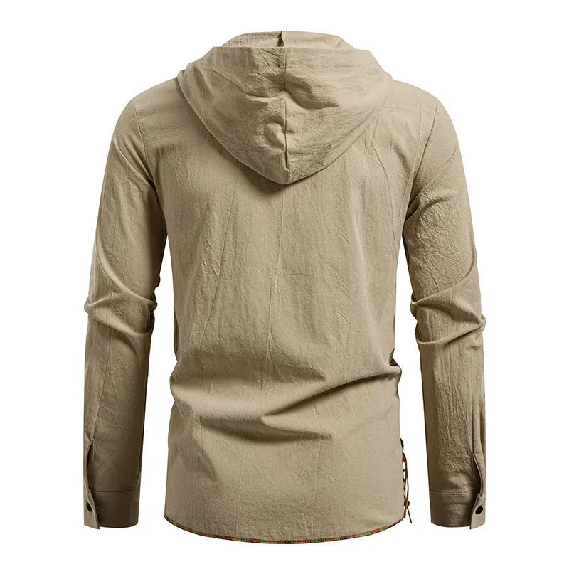 Men's Medieval Hooded Cotton Shirt Viking Pirate Lace Up V Neck Long Sleeve Renaissance Vintage Tops Party Fashion Costume