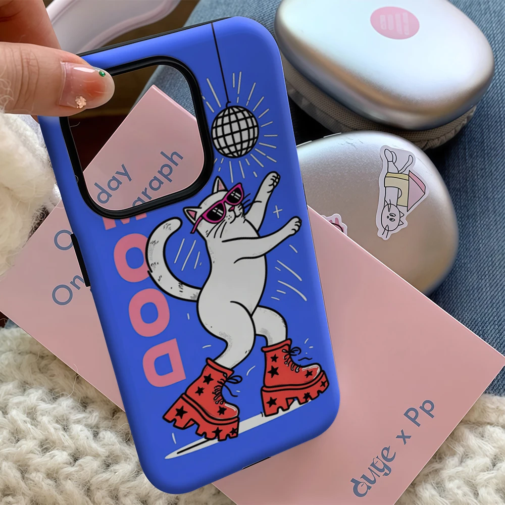 ディスコキャット ムードイラスト iPhone17 必需品 スマホケース iPhone 17 16 15 14 13 12 Pro Max Plus 二層構造背面カバー