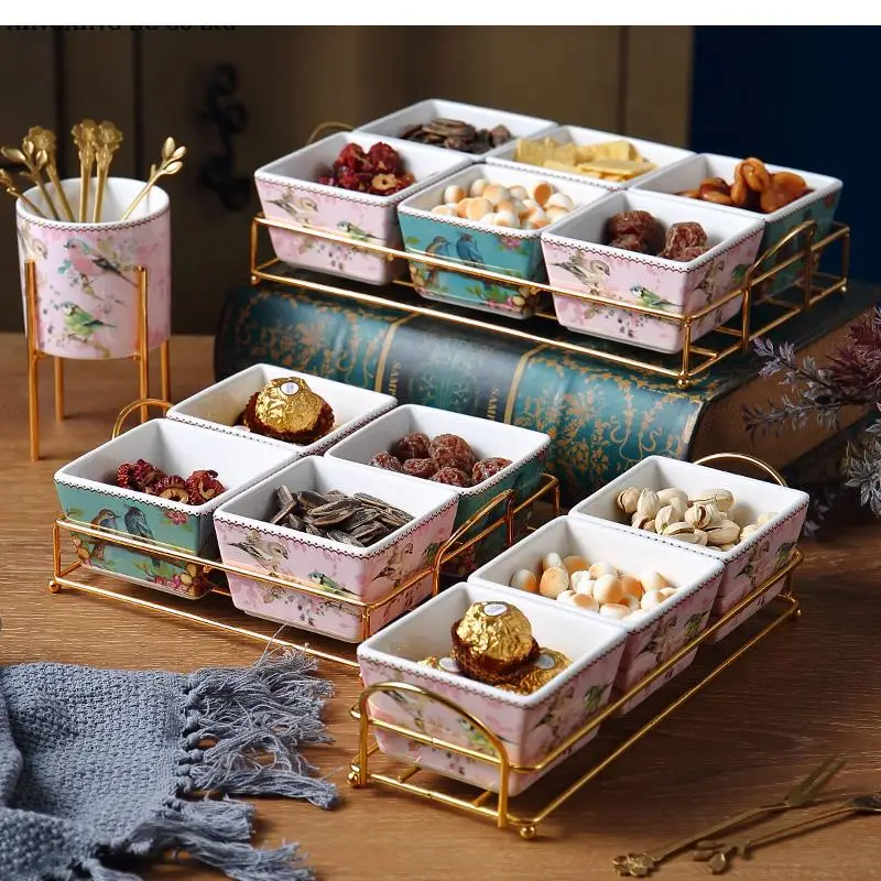 Ceramic Separated Fruit Plate Dessert Bowl Pink Bird Household Tableware Metal Rack Afternoon Tea Candy Snack Platter