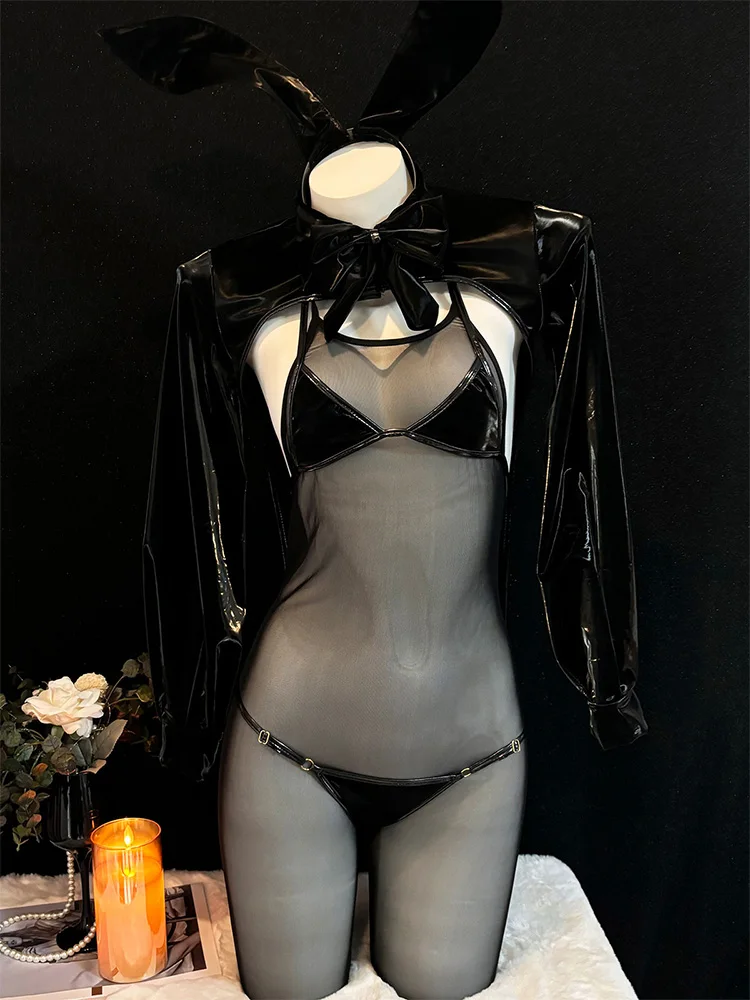 

Dark Anime Bunny Cosplay Costume Sexy Black Rabbit Bodysuit Leather Tailcoat Outfits Role Play Lingerie Halloween Costumes