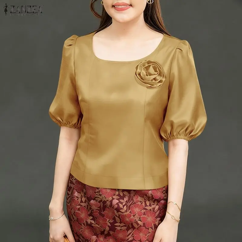 

Летняя элегантная блузка ZANZEA 2026 с короткими рукавами-фонариками, стильный атласный приталенный топ с 3D цветами, однотонная женская рубашка для работы