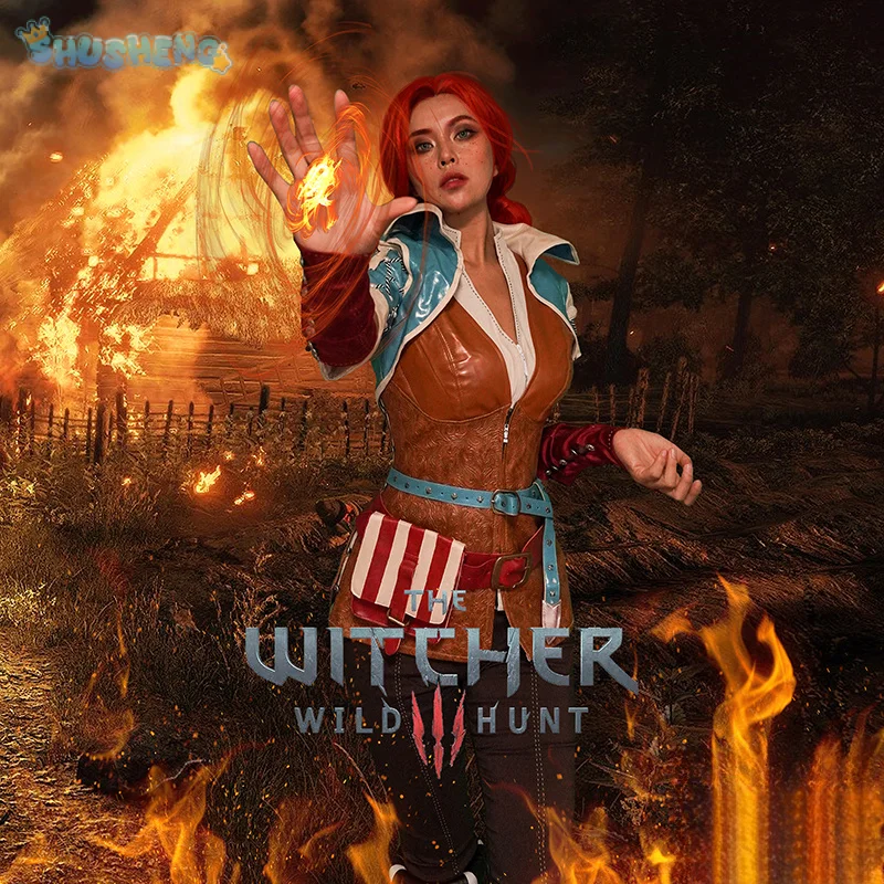 Game Witcher 3：Wild Hunt Triss Merigold Cosplay Costume Fashionable high-quality leather jacket vest  pants waist bag part suit