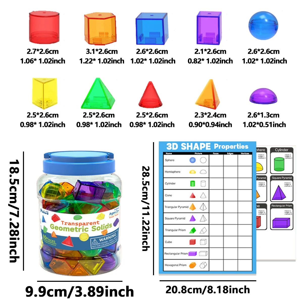 60 PCS 3D Shapes for Teaching, Geometric Solids for Kids, Translucent Toy for Light Table, Math Manipulatives for Classroom