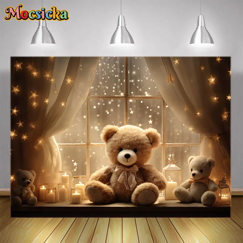 Ours devant la fenêtre pour la photographie, toile de fond, étoile, décor ci-après les, nouveau-né, 1er anniversaire, arrière-plan photo, accessoires de studio pour enfants